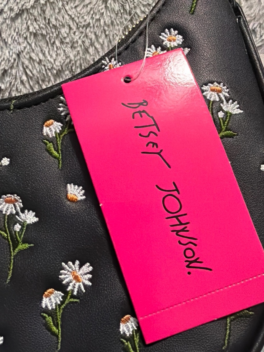 Betsey Johnson Black Shoulder Bag with White Daisy Embroidery - Picture 2 of 6